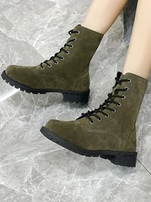 Lace-up Front Faux Suede Combat Boots - Green - View 3