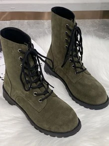 Lace-up Front Faux Suede Combat Boots - Green - View 4