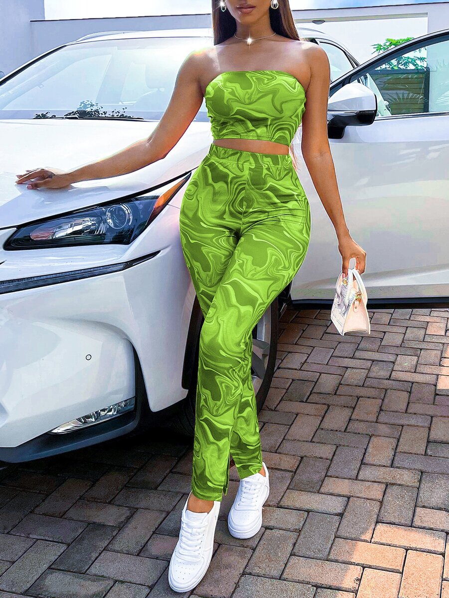 Leggings bajo con abertura con top tubo con estampado de mármol al azar - Verde Lima - Ver 1