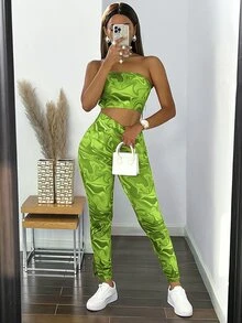 Leggings bajo con abertura con top tubo con estampado de mármol al azar - Verde Lima - Ver 3