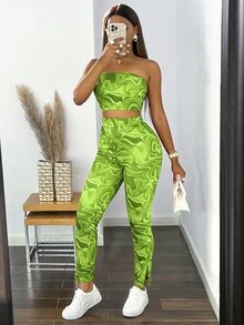 Leggings bajo con abertura con top tubo con estampado de mármol al azar - Verde Lima - Ver 4