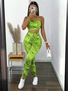 Leggings bajo con abertura con top tubo con estampado de mármol al azar - Verde Lima - Ver 5