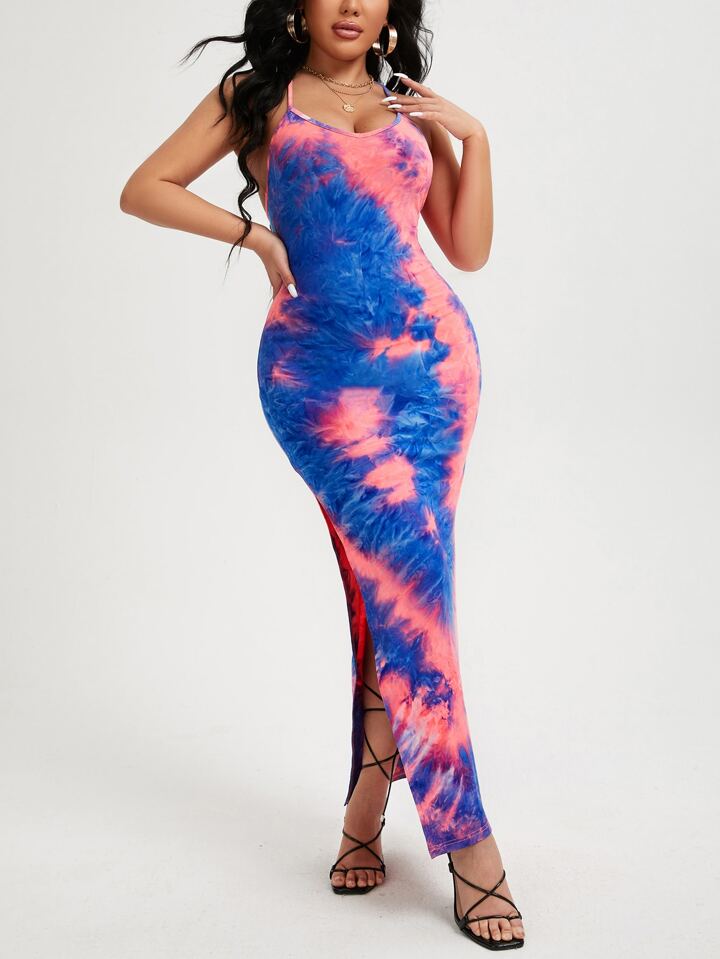 SHEIN BAE Crisscross Open Back High Split Tie Dye Dress SHEIN