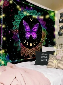 1pc Mandala & Butterfly Pattern Tapestry, Modern Abstract Butterfly & Moon Print Hanging Blanket For Home Decoration, Flag For Room, Room Decor, Tapestry, Wall Decor, Wall Art ,Room Stuffs, Flags For Room, Tapestri, Wall Tapestry