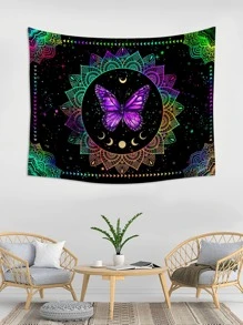 1pc Mandala & Butterfly Pattern Tapestry, Modern Abstract Butterfly & Moon Print Hanging Blanket For Home Decoration, Flag For Room, Room Decor, Tapestry, Wall Decor, Wall Art ,Room Stuffs, Flags For Room, Tapestri, Wall Tapestry
