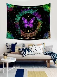 1pc Mandala & Butterfly Pattern Tapestry, Modern Abstract Butterfly & Moon Print Hanging Blanket For Home Decoration, Flag For Room, Room Decor, Tapestry, Wall Decor, Wall Art ,Room Stuffs, Flags For Room, Tapestri, Wall Tapestry
