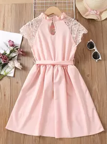 Niñas Vestido con cinturón cuello de volante con encaje en contraste de espalda con abertura de ojo - Rosa vieja - Ver 2