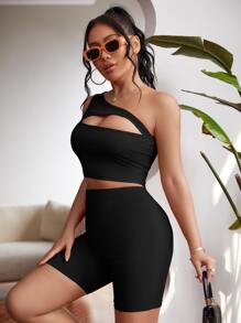 SHEIN SXY Bộ đồ hai mảnh nữ Cắt ra màu trơn Gợi cảm - màu đen - Xem 3
