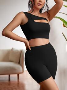 SHEIN SXY Bộ đồ hai mảnh nữ Cắt ra màu trơn Gợi cảm - màu đen - Xem 5
