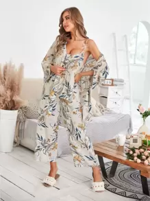 3pcs Floral Print Bow Detail PJ Set - Multicolor - View 1