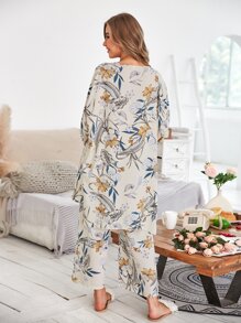 3pcs Floral Print Bow Detail PJ Set - Multicolor - View 2