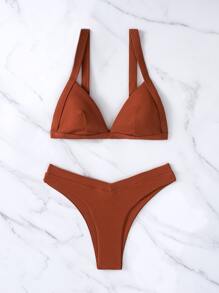 Bikini con corte alto en la cintura para playa de verano - Café integral - Ver 3