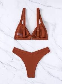 Bikini con corte alto en la cintura para playa de verano - Café integral - Ver 4