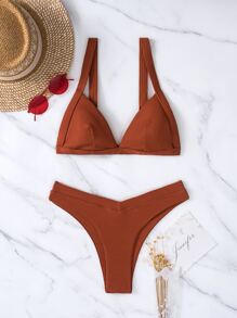 Bikini con corte alto en la cintura para playa de verano - Café integral - Ver 5
