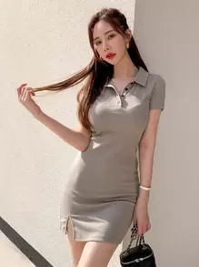 DAZY Polo Neck Split Hem Dress Sundress,Casual Women Dresses - Grey - View 6