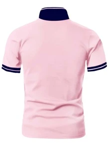 Manfinity Homme Men Letter Patch Detail Contrast Trim Polo Shirt - Baby Pink - View 2