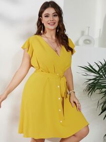 Plus Surplice Neck Butterfly Sleeve Belted Dress - Yellow - View 3