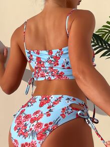 花卉印花鏤空側繫帶比基尼 - 彩色 - 查看 2