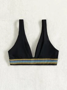 SHEIN Swim Summer Beach Tape V Neck Bikini Top - Black - View 2
