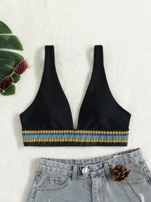 SHEIN Swim Summer Beach Tape V Neck Bikini Top - Black - View 3