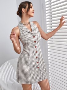 SHEIN Essnce 格紋印花前紐扣連衣裙 - 彩色 - 查看 5