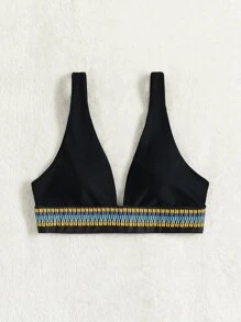 SHEIN Swim Summer Beach Tape V Neck Bikini Top - Black - View 4