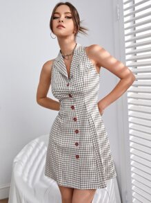 SHEIN Essnce 格紋印花前紐扣連衣裙 - 彩色 - 查看 3