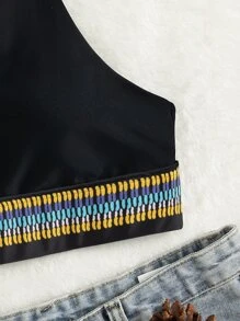 SHEIN Swim Summer Beach Tape V Neck Bikini Top - Black - View 6