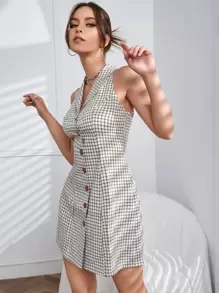 SHEIN Essnce 格紋印花前紐扣連衣裙 - 彩色 - 查看 6