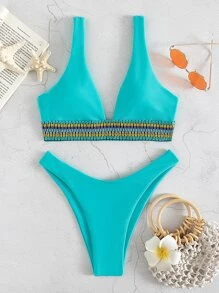 SHEIN Swim 圖案比基尼套裝拼接邊背心文胸和高衩下裝2入組泳衣 - 薄荷藍 - 查看 3