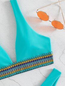 SHEIN Swim 圖案比基尼套裝拼接邊背心文胸和高衩下裝2入組泳衣 - 薄荷藍 - 查看 4