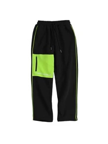Boys Contrast Panel Letter Graphic Drawstring Thermal Lined Sweatpants - Black - View 4