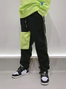 Boys Contrast Panel Letter Graphic Drawstring Thermal Lined Sweatpants - Black - View 5