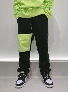 Boys Contrast Panel Letter Graphic Drawstring Thermal Lined Sweatpants - Black - View 6