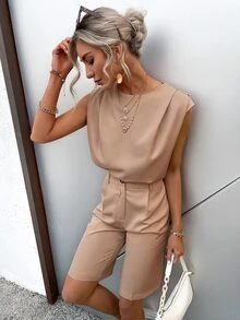 Sollinarry Solid Top & Bermuda Shorts Set - Apricot - View 5