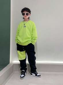 Boys Contrast Panel Letter Graphic Drawstring Thermal Lined Sweatpants - Black - View 8