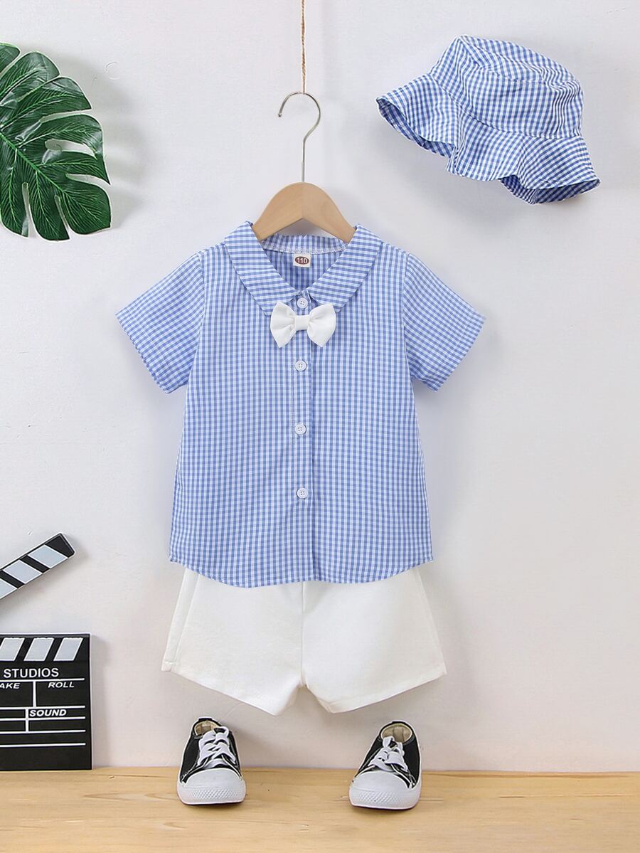 小男童雙色格子前蝴蝶結襯衫和短褲和帽