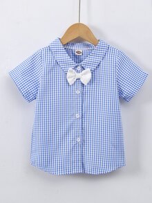 小男童雙色格子前蝴蝶結襯衫和短褲和帽