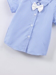 小男童雙色格子前蝴蝶結襯衫和短褲和帽