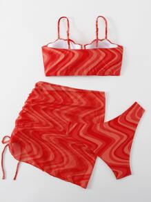 Bộ bikini nâng ngực họa tiết sò điệp in toàn thân kèm váy đi biển mùa hè - Màu Hồng  Dưa hấu - Xem 2