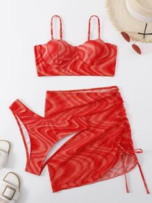 Bộ bikini nâng ngực họa tiết sò điệp in toàn thân kèm váy đi biển mùa hè - Màu Hồng  Dưa hấu - Xem 5
