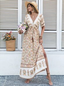 Rusttydustty Bohemian Floral Print Tie Waist Tassel Decor V-Neck Split Dress For Women - Multicolor - View 1