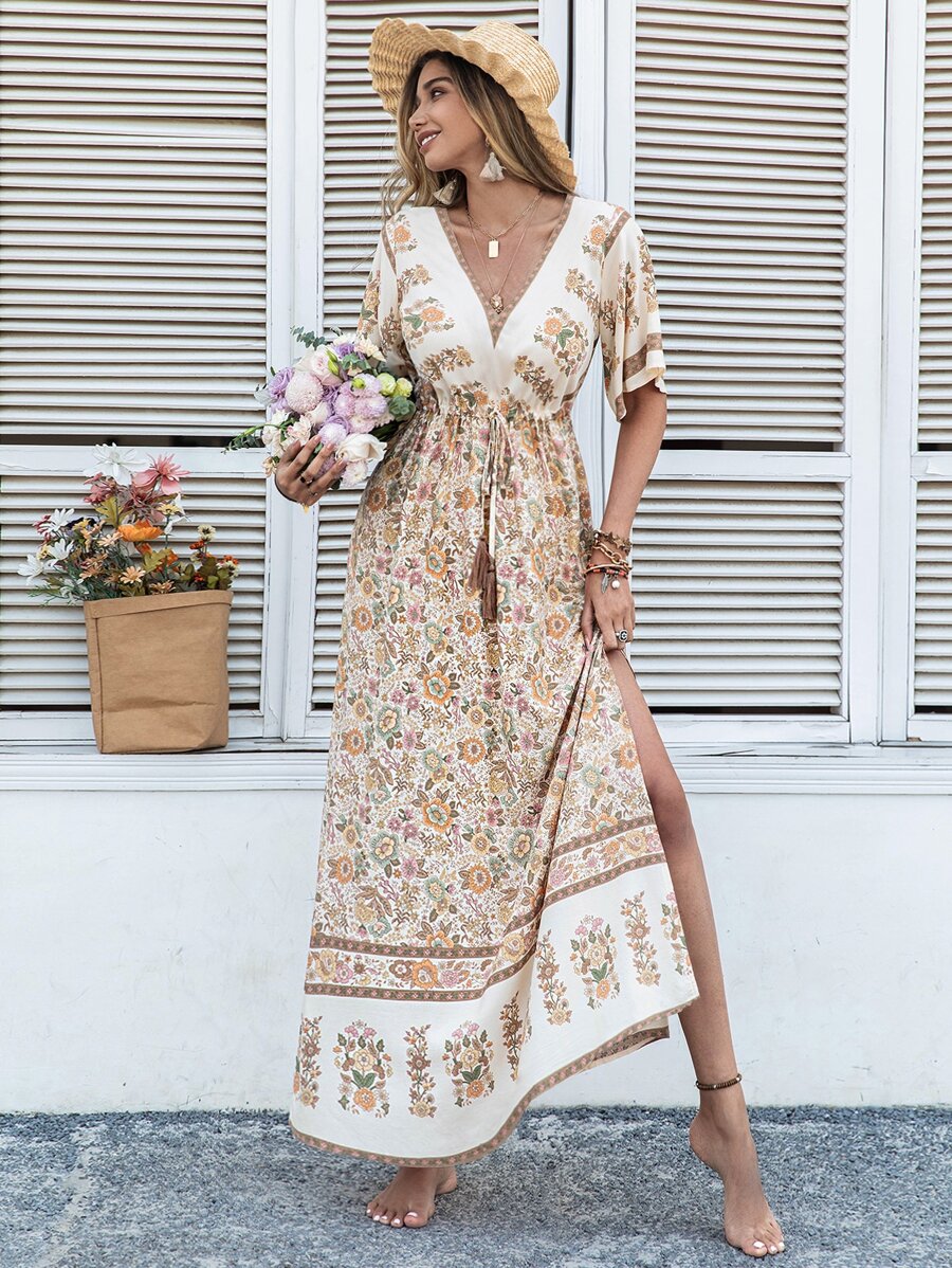 Rusttydustty Bohemian Floral Print Tie Waist Tassel Decor V-Neck Split Dress For Women - Multicolor - View 1