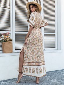 Rusttydustty Bohemian Floral Print Tie Waist Tassel Decor V-Neck Split Dress For Women - Multicolor - View 2