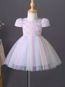 SHEIN Đứa bé gái Chi tiết Appliques Ống tay áo Bóng Lưới Hem Đầm lễ phục - Nhiều màu - Xem 1