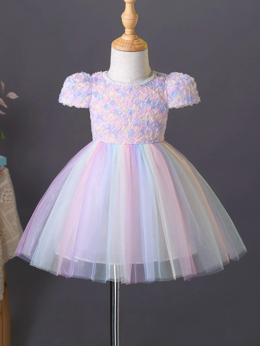 SHEIN Đứa bé gái Chi tiết Appliques Ống tay áo Bóng Lưới Hem Đầm lễ phục - Nhiều màu - Xem 1