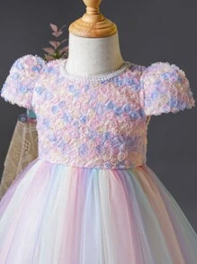 SHEIN Đứa bé gái Chi tiết Appliques Ống tay áo Bóng Lưới Hem Đầm lễ phục - Nhiều màu - Xem 3