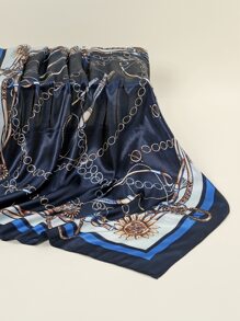 1入時尚女士印花90年代方形絲巾，配有鏈子，適合日常穿著，緞面頭巾和圍巾，頭帶，理想裝扮你的造型 - 藏蓝色 - 查看 3