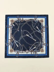 1入時尚女士印花90年代方形絲巾，配有鏈子，適合日常穿著，緞面頭巾和圍巾，頭帶，理想裝扮你的造型 - 藏蓝色 - 查看 5