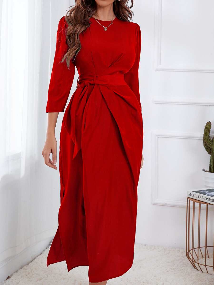 Modelyn Puff Sleeve Split Hem Belted Dress - Red - View 1